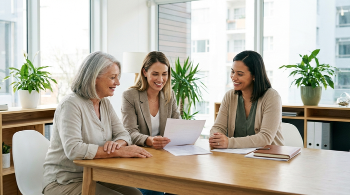 Eine ältere Frau und ihre erwachsene Tochter sitzen an einem Tisch mit einer Beraterin. Sie schauen entspannt und lächelnd auf Dokumente. Helles, freundliches Büro, professionelle und vertrauensvolle Stimmung, keine lesbaren Schriften.
