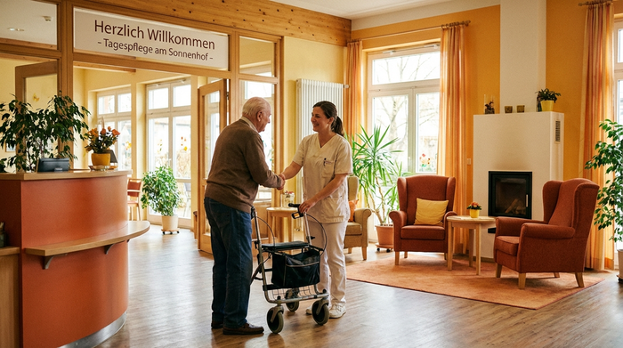 Ein freundlicher Eingangsbereich einer Tagespflegeeinrichtung. Ein Senior mit einem Rollator wird von einer Pflegekraft herzlich mit einem Handschlag begrüßt. Warme Farben, einladende und sichere Umgebung.