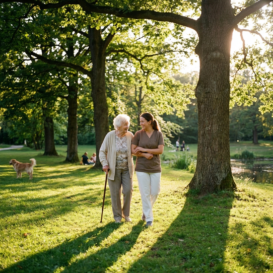 Eine ältere Dame und eine jüngere Betreuungskraft spazieren entspannt durch einen grünen Park, umgeben von alten Bäumen an einem sonnigen Nachmittag.