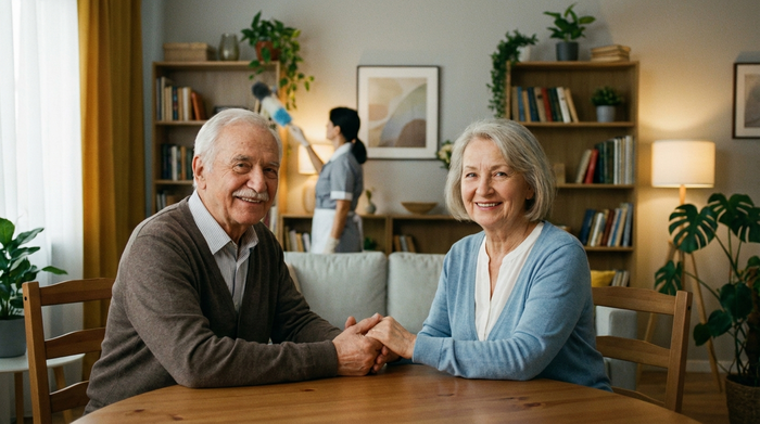 Ein glückliches älteres Ehepaar sitzt am Esstisch und schaut entspannt in den aufgeräumten Raum, während im Hintergrund eine Reinigungskraft unauffällig Staub wischt.