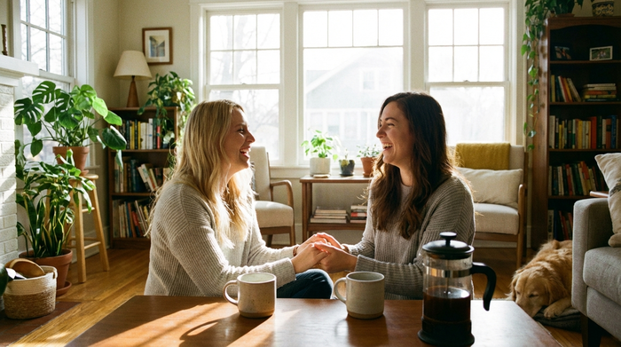 Zwei Frauen sitzen bei einer Tasse Kaffee zusammen am Tisch und unterhalten sich freundlich, eine vertrauensvolle und harmonische Gesprächssituation im hellen Wohnzimmer.
