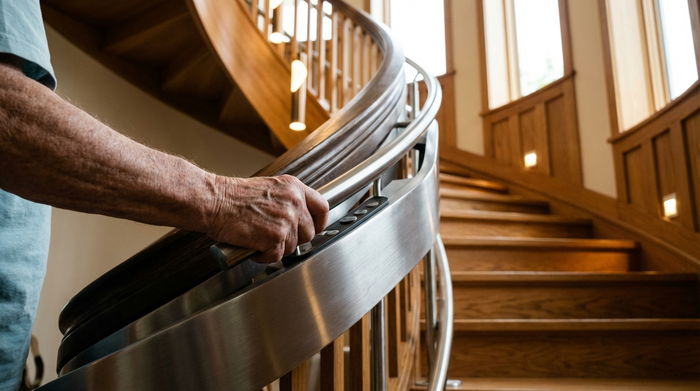 Eine Nahaufnahme der Hand eines Seniors, der sicher den Handlauf eines modernen Treppenlifts greift, im Hintergrund eine gut beleuchtete, elegante Holztreppe.