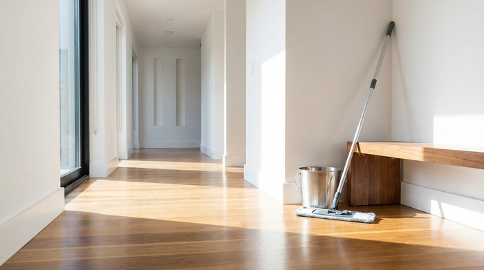 Ein sauberer, aufgeräumter Flur in einem modernen Haus. Ein Wischeimer und ein Mopp stehen ordentlich in der Ecke. Helles Tageslicht fällt durch ein Fenster auf einen makellosen Holzboden. Realistische Fotografie, saubere Umgebung ohne Menschen.