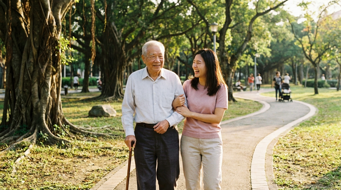 Ein älterer Herr und eine jüngere Begleitperson spazieren an einem sonnigen Tag entspannt durch einen grünen Park. Die Begleitperson stützt den Herrn leicht am Arm. Hohe Bäume und ein gepflasterter Weg im Hintergrund, harmonische und vertrauensvolle Stimmung.