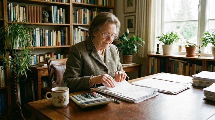 Eine ältere Frau sitzt mit einer Lesebrille am Schreibtisch und sortiert in Ruhe Dokumente in einem gut beleuchteten Arbeitszimmer. Neben ihr liegt ein Taschenrechner und steht eine dampfende Tasse Tee. Konzentrierte, friedliche Atmosphäre ohne lesbare Texte auf den Papieren.