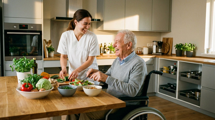 Eine professionelle Pflegekraft hilft einem lächelnden Senior beim Zubereiten eines gesunden Salats in einer modernen, barrierefreien Küche. Frisches Gemüse liegt auf dem Tresen. Warme Farben, authentische und fröhliche Interaktion.