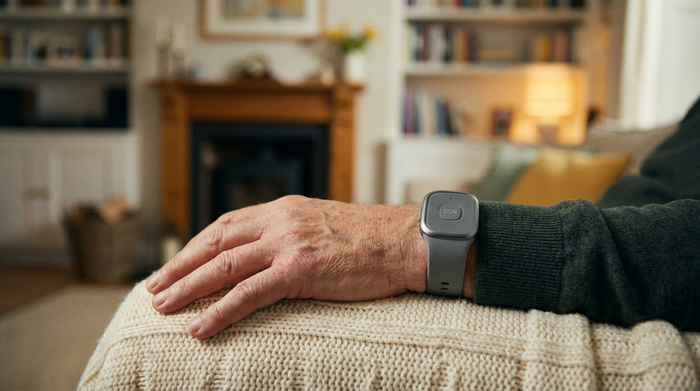 Ein moderner, unauffälliger Hausnotruf-Knopf am Handgelenk eines Senioren. Die Hand ruht entspannt auf einer weichen Sofadecke. Fokus auf das Handgelenk, gemütliche und sichere Wohnzimmerumgebung im unscharfen Hintergrund.
