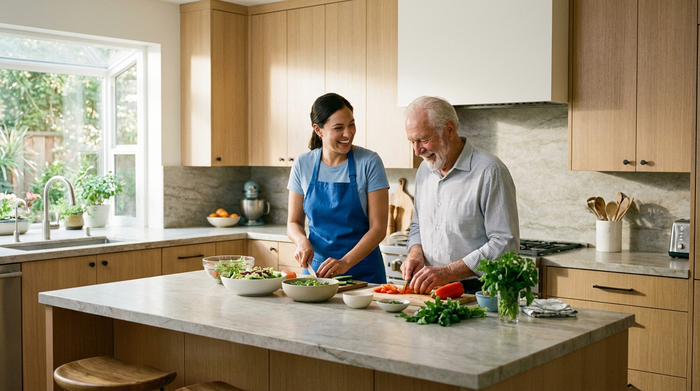 Eine einfühlsame Betreuungskraft hilft einem älteren Herrn beim Zubereiten eines frischen Salats in einer modernen, sauberen Küche. Beide lachen, schneiden Gemüse und wirken sehr entspannt.