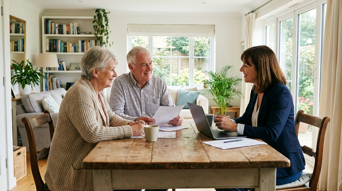 Ein älteres Ehepaar sitzt an einem Holztisch und bespricht entspannt Dokumente mit einer sympathischen Beraterin. Im Hintergrund sieht man ein aufgeräumtes, helles Wohnzimmer mit Zimmerpflanzen.