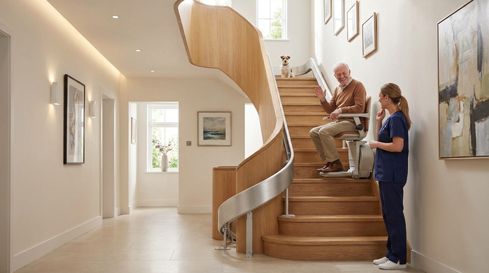 Ein moderner Treppenlift in einem eleganten, gut beleuchteten Flur eines Einfamilienhauses. Ein älterer Herr fährt sicher und bequem die Treppe hinauf, während eine Betreuungskraft unten freundlich zunickt.