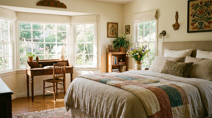 Ein gemütlich eingerichtetes, helles Gästezimmer mit einem bequemen Bett, einem kleinen Schreibtisch und frischen Blumen auf dem Nachttisch. Ein großes Fenster lässt viel Tageslicht herein.