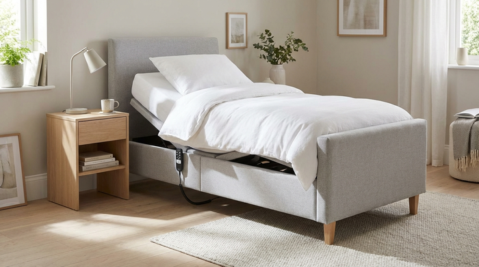 Ein modernes, elektrisch verstellbares Pflegebett in einem gemütlichen, heimischen Schlafzimmer. Frische, weiße Bettwäsche, ein Nachttisch mit einer Leselampe und ein heller Holzboden. Friedliche, saubere und realistische Umgebung.