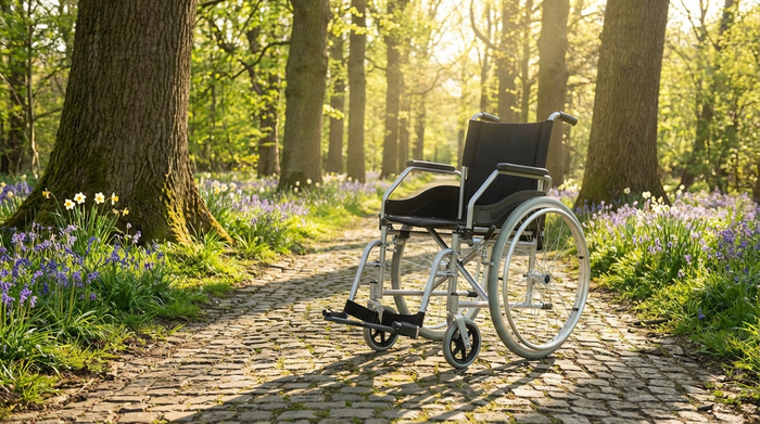 Ein leichter Aluminium-Rollstuhl steht auf einem gepflasterten Weg in einem grünen Park, umgeben von alten Bäumen. Frühlingshaftes Wetter, sanftes Sonnenlicht und eine friedliche Naturkulisse.