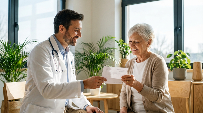 Ein freundlicher Arzt in einem hellen Sprechzimmer überreicht einer älteren Patientin ein Rezept. Beide lächeln. Professionelle, vertrauensvolle medizinische Umgebung ohne lesbare Dokumententexte.