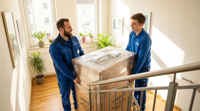 Zwei freundliche Techniker in sauberer Arbeitskleidung tragen vorsichtig ein großes, verpacktes medizinisches Gerät durch ein helles Treppenhaus eines gepflegten Wohngebäudes.