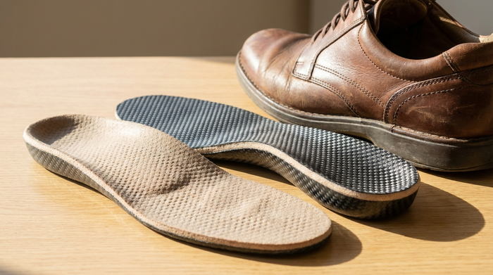 Nahaufnahme von hochwertigen, maßgefertigten orthopädischen Einlagen aus weichem Schaumstoff und Carbon, die auf einem hellen Holztisch neben einem bequemen Senioren-Halbschuh liegen. Natürliches Sonnenlicht, klare Details, keine Beschriftungen.