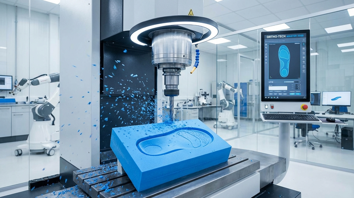 Eine hochmoderne CNC-Fräsmaschine in einer sauberen Werkstatt, die präzise eine orthopädische Einlage aus einem blauen Schaumstoffblock fräst. Fliegende Späne, fokussiertes Licht auf das Werkstück, technologische Atmosphäre.