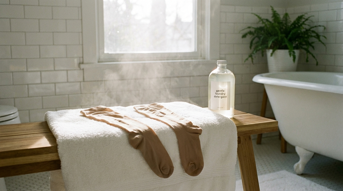 Ein sauberes Badezimmer. Auf einem flauschigen, weißen Handtuch liegen frisch gewaschene Kompressionsstrümpfe flach zum Trocknen aus. Daneben steht eine Flasche Feinwaschmittel ohne Etikett. Sanftes Morgenlicht fällt durch das Fenster.