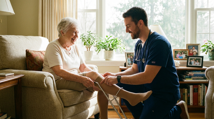 Eine lächelnde Seniorin und ein freundlicher Pfleger sitzen in einem hellen Wohnzimmer. Der Pfleger hilft der Dame behutsam mit einer speziellen metallenen Anziehhilfe in ihren Kompressionsstrumpf. Harmonische, unterstützende Atmosphäre.