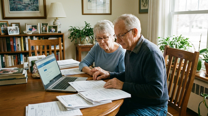 Ein älteres Ehepaar sitzt gemeinsam am heimischen Esstisch und schaut sich konzentriert medizinische Unterlagen an. Die Stimmung ist ruhig und vertraut.