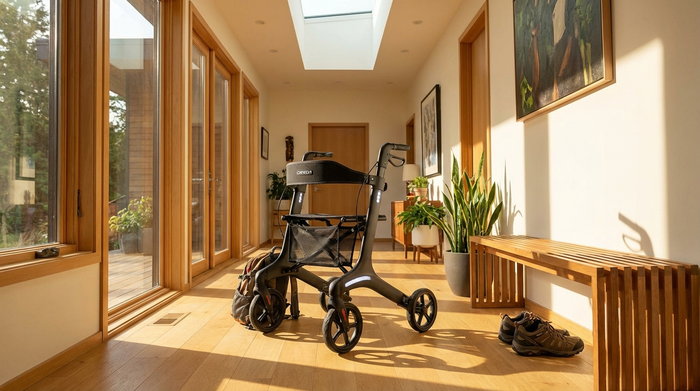 Ein moderner, leichter Carbon-Rollator steht in einem sonnigen, einladenden Flur eines modernen Hauses, bereit für den nächsten Spaziergang.