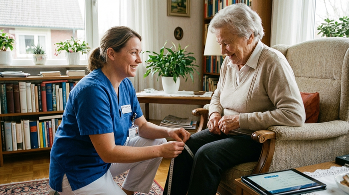 Eine professionelle Orthopädietechnikerin kniet freundlich vor einer älteren Dame im Wohnzimmer und misst sorgfältig ihr Bein aus. Beide lächeln sich an.