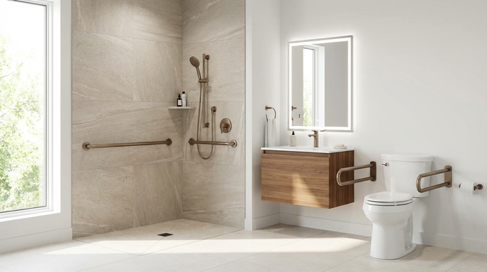 Ein helles, modern umgebautes und barrierefreies Badezimmer mit einer bodengleichen Dusche, eleganten Haltegriffen und rutschfesten Fliesen.