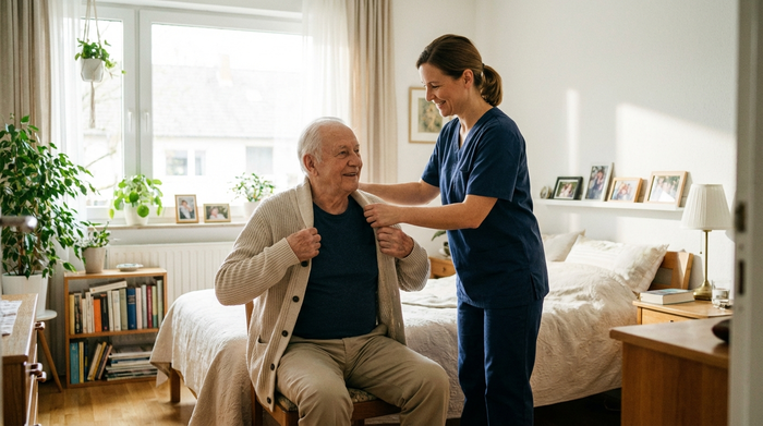 Eine aufmerksame Pflegekraft hilft einem älteren Herrn beim Anziehen einer hellen Strickjacke in einem aufgeräumten, sonnendurchfluteten Schlafzimmer. Beide wirken entspannt und vertraut.