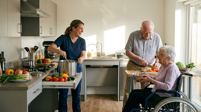 Eine engagierte Betreuungskraft kocht gemeinsam mit einem lachenden Seniorenpaar in einer modernen, barrierefreien Küche frisches Gemüse. Die Stimmung ist fröhlich und familiär.