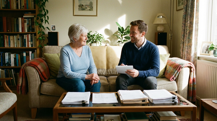 Ein freundlicher Gutachter sitzt mit einem Notizblock auf einem gemütlichen Sofa und unterhält sich zugewandt mit einer älteren Dame, die ihm aufmerksam zuhört. Auf dem Wohnzimmertisch liegen ordentlich sortierte Dokumente.