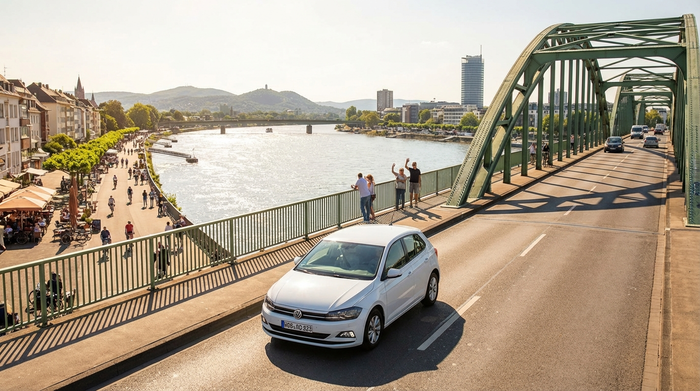 Ein weißer Kleinwagen fährt an einem sonnigen Tag über die Kennedybrücke in Bonn, im Hintergrund ist der Rhein und die belebte Uferpromenade zu sehen.