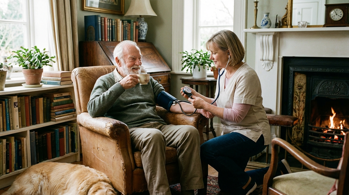 Ein älterer Herr sitzt entspannt in seinem gemütlichen Wohnzimmer und trinkt Tee, während eine aufmerksame Pflegekraft liebevoll seinen Blutdruck misst.