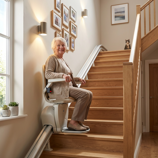 Eine glückliche Seniorin fährt sicher und komfortabel mit einem modernen Treppenlift eine gut beleuchtete Holztreppe in ihrem Einfamilienhaus hinauf.