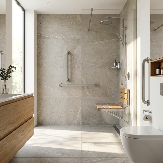 Ein modern gestaltetes, helles Badezimmer mit einer bodengleichen Dusche, stabilen Edelstahl-Haltegriffen und einem eleganten, rutschfesten Duschsitz.