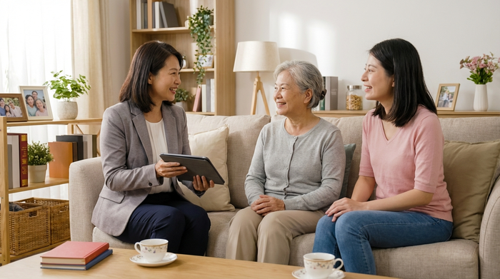Eine kompetente Pflegedienstleitung sitzt im Gespräch mit einer Tochter und ihrer älteren Mutter im heimischen Wohnzimmer auf dem Sofa, alle lächeln freundlich.