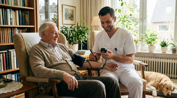 Ein engagierter männlicher Pfleger in weißer Kleidung misst schonend den Blutdruck eines älteren Herrn im gemütlichen Wohnzimmer. Die Szene ist hell und strahlt Professionalität und Fürsorge aus.