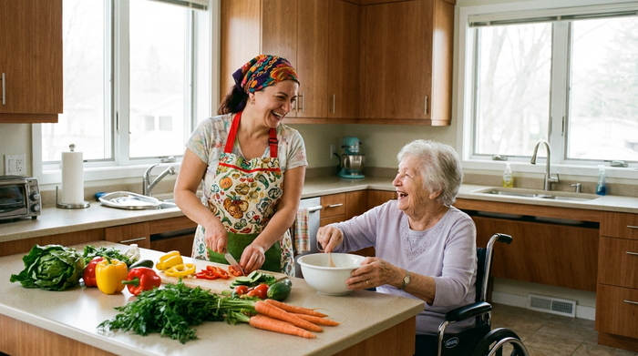 Eine herzliche osteuropäische Betreuerin kocht gemeinsam mit einer Seniorin in einer modernen, barrierefreien Küche. Frisches Gemüse liegt auf der Arbeitsfläche, beide lachen fröhlich miteinander.