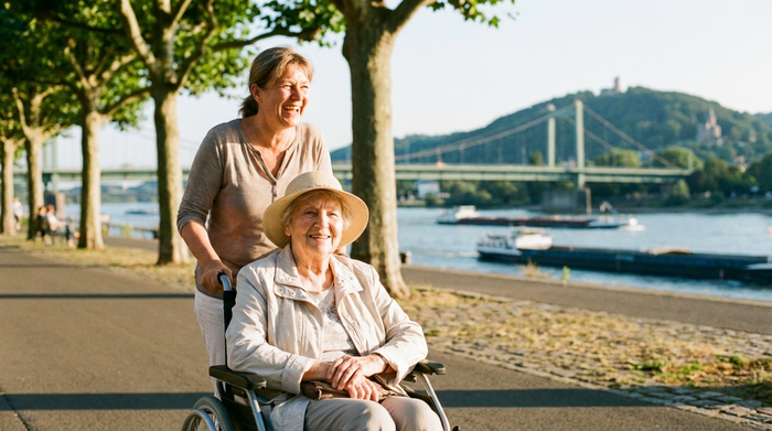 Eine Seniorin im Rollstuhl wird von ihrer Betreuerin bei sonnigem Wetter an der Bonner Rheinpromenade spazieren gefahren. Im Hintergrund sind unscharf Bäume und der Fluss zu erkennen.