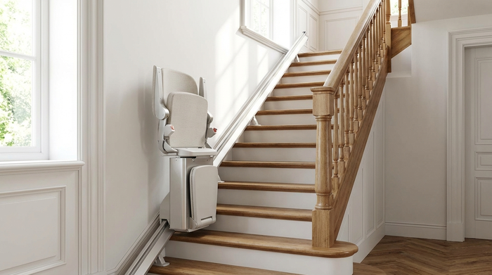 Ein moderner, unauffälliger Treppenlift in einem hellen Treppenhaus eines klassischen Einfamilienhauses. Der Lift ist sicher an der Wand montiert und fügt sich harmonisch in das Wohnumfeld ein.