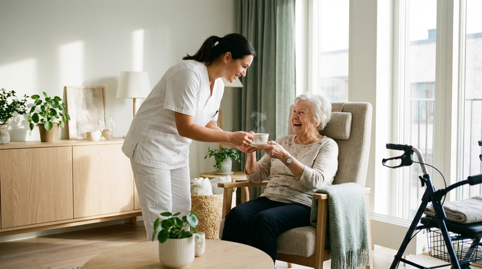 Eine freundliche Pflegekraft in weißer Dienstkleidung reicht einer lächelnden Seniorin in einem hellen, modernen Zimmer eine Tasse Tee. Gemütliche Atmosphäre, sauberes und gepflegtes Umfeld.