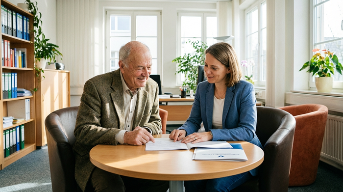 Ein älterer Herr sitzt mit einer sympathischen Beraterin an einem runden Holztisch in einem hellen Büro. Sie betrachten gemeinsam Dokumente. Seriosität, Vertrauen, ruhige Gesprächsatmosphäre.