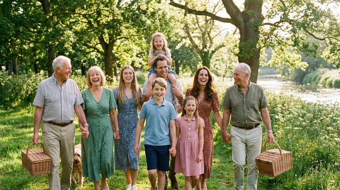 Eine mehrköpfige Familie mit Großeltern, Eltern und Kindern lacht gemeinsam bei einem gemütlichen Spaziergang in einem grünen Park. Harmonisches Familienleben, sonniges Wetter, unbeschwerte Stimmung.