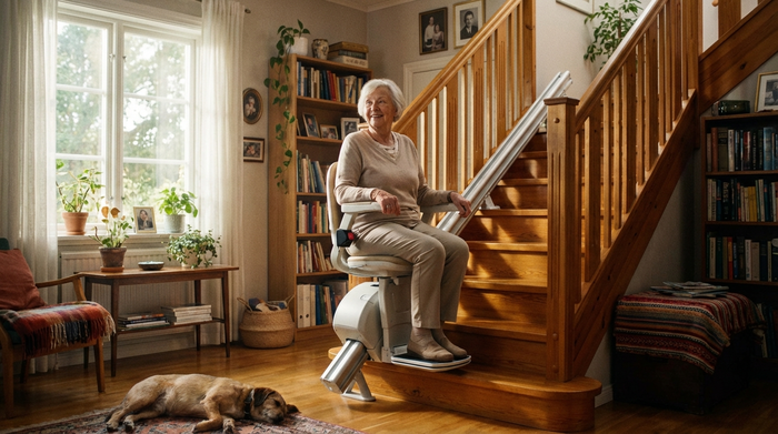 Eine ältere Dame fährt sicher und entspannt mit einem modernen Treppenlift eine gepflegte Holztreppe in einem gemütlichen Einfamilienhaus hinauf. Helles Tageslicht, wohnliches und sicheres Ambiente.