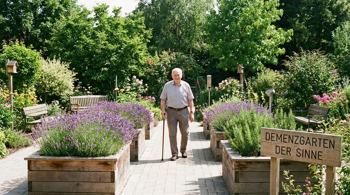 Ein liebevoll gestalteter, sicherer Demenzgarten mit rollstuhlgerechten, ebenen Wegen. Hochbeete mit blühendem Lavendel und Rosmarin säumen den Weg. Ein älterer Herr mit Gehstock spaziert ruhig durch den sonnigen Garten, umgeben von sattgrünen Bäumen und Sträuchern.