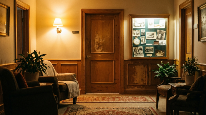 Ein gemütlich eingerichteter Flur in einer Pflegeeinrichtung. Neben einer holzgetäfelten Zimmertür hängt eine kleine, beleuchtete Vitrine an der Wand, gefüllt mit alten Schwarz-Weiß-Fotos, einer Taschenuhr und einer kleinen Kaffeetasse. Sanftes, warmes Licht beleuchtet den Bereich.