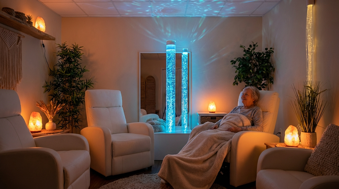 Ein entspannender Snoezelen-Raum für Senioren. Gedimmtes, warmes Licht, eine sanft blubbernde Wassersäule in beruhigenden blauen Farben und bequeme weiße Liegesessel. Eine ältere Frau sitzt ruhig in einem Sessel und betrachtet fasziniert die sanften Lichtspiele an der Decke.