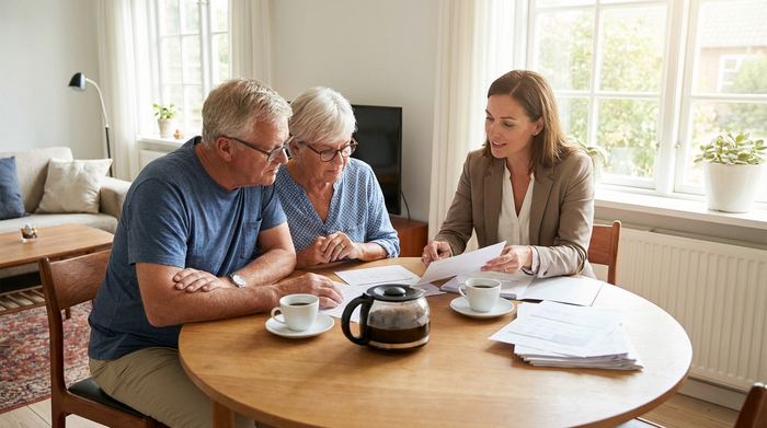 Ein älteres Ehepaar sitzt gemeinsam an einem runden Holztisch im hellen Wohnzimmer und schaut sich konzentriert Dokumente an. Eine freundliche Beraterin im Business-Casual-Look sitzt gegenüber und erklärt geduldig die Papiere. Auf dem Tisch stehen frische Kaffeetassen.