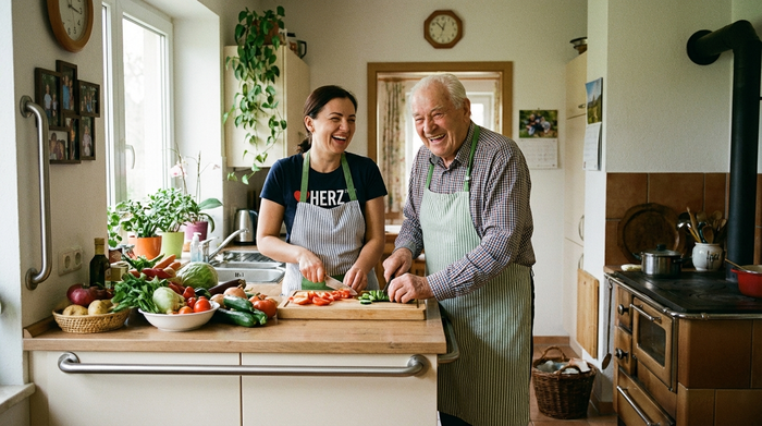 Eine freundliche osteuropäische Betreuungskraft kocht gemeinsam mit einem älteren Herrn in einer gemütlichen, häuslichen Küche. Beide lachen herzlich, während sie frisches Gemüse auf einem Holzbrett schneiden. Die Küche ist hell, ordentlich und barrierefrei gestaltet.