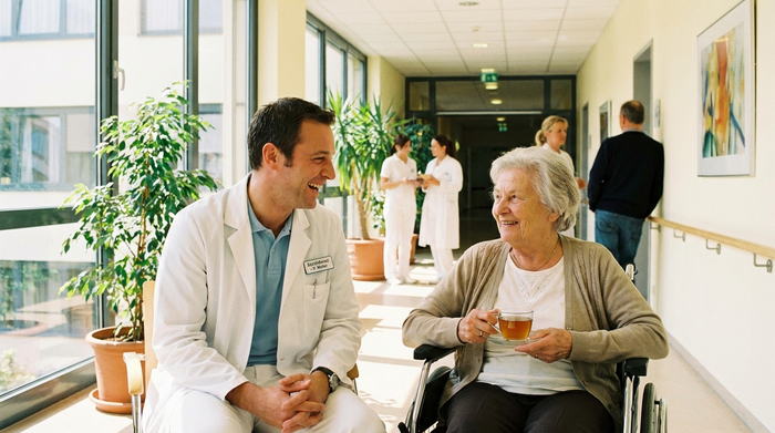 Ein freundlicher Sozialarbeiter im weißen Kittel bespricht sich mit einer älteren Dame im Rollstuhl in einem hellen Krankenhausflur. Beide wirken entspannt und zuversichtlich. Realistische Szene, Tageslicht.