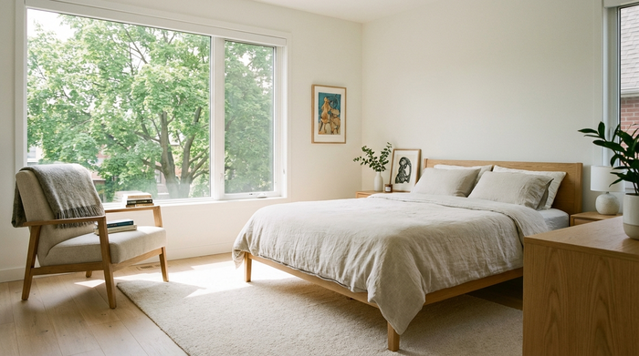 Ein gepflegtes, modernes Seniorenzimmer mit einem gemütlichen Sessel, einem großen Fenster mit Blick auf grüne Bäume und einem ordentlich gemachten Bett. Helle, einladende und friedliche Atmosphäre.